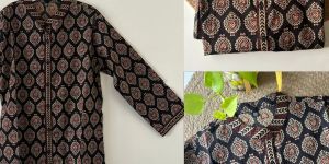 Ladies Madarin Collar Ajrakh Print Full Sleeves Top