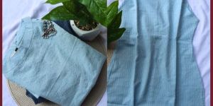 Ladies Sky Blue Kantha Work Halter Neck Short Kurti