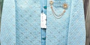 Mens Sky Blue Indo Western Sherwani Set