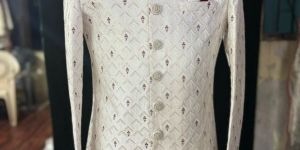 Mens White Indo Western Sherwani Set