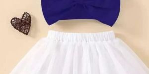 Girls Blue Cotton Blend Solid Top & Skirt Set