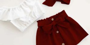 Girls Maroon Cotton Blend Solid Top & Skirt Set