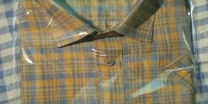 Mens Orange and Blue Half Sleeve Cotton Check Shirt
