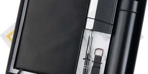 Metal 5 In 1 Black Notebook Pen Key Chain Card Holder And Bottle Corporate Gift Set