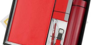 Metal 5 In 1 Red Notebook Pen Key Chain Card Holder And Bottle Corporate Gift Set