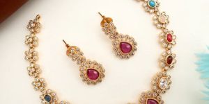 Women AD Flower Navarathna Necklace Set