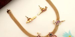 Women Antique Gold Coin Lakshmi Bird Short Necklace Set