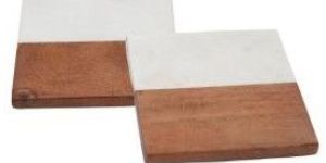 White Marble And Wooden Square Coasters Set OF 2