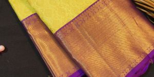 Radiant Lemon Yellow & Violet Bridal Kanchipuram Handloom Silk Saree
