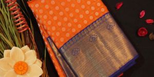 Sunset Orange Kanchipuram Silk Saree with Gold Zari Checks