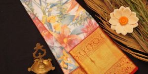 Timeless Elegance: Half White and Red Printed Kanchipuram Silk Saree