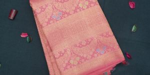traditional peach pink bridal kanchipuram silk saree