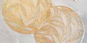 Set OF 2 Round Leaf Patterned Placemats, Gold
