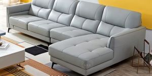 Spain L Shaped Fabric Sofa, Leather Grey