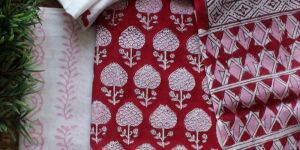 Red Bagru Hand Block Printed Dress Material
