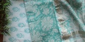 Sea Green Hand Block Printed Maheshwari Dress Material