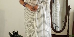 White Bagru Dabu Hand Block Printed Mul Cotton Striped Saree
