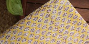 Yellow Hand Block Printed Cotton Fabric WITH Kantha Stitches (2 Mtrs, 2.5 Mtrs)