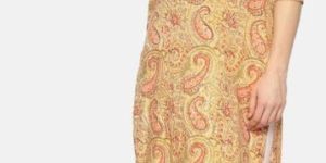 Yellow Pure Cotton Hand Block Printed V-NECK Straight Cut Kurti