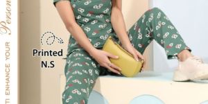 Olive Green Printed Cotton Ladies Night Suits