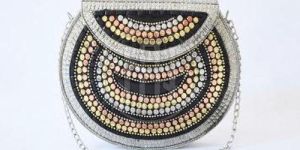 Studded Metallic Half Moon Clutch with Chain