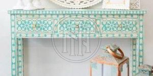 Teal and White Floral Geometric Pattern Bone Inlay Console Table