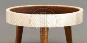 White Geometric Pattern Round Bone Inlay Cake Stand with Wood Legs