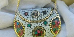 White Mosaic Metal Clutch with Floral & Multi Color Inlay