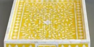 Yellow and White Floral Bone Inlay Tray with Handles