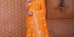 9778 Marigold Orange Jari Work Weaving Banarasi Soft Silk Saree