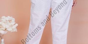 Ladies White Cotton Chikan Pant