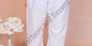 Ladies White Embroidery Wide Leg Pant