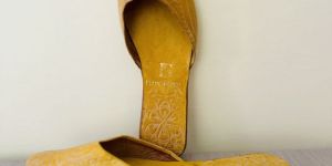 Yellow Chitrakari Leather Ladies Mules