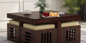 Sheesham Wood Square Wooden Coffee Table with 4 Stools