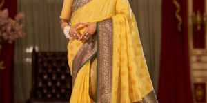 Ladies Yellow Linen Cotton Saree
