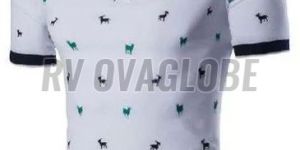 Mens White Printed Cotton Polo T-Shirt