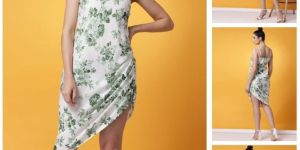 Ladies White & Green Floral Asymmetrical Dress