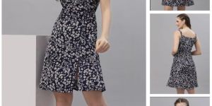 Ladies Navy Floral Spaghetti Dress