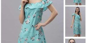Ladies Light Blue Floral Off Shoulder Dress