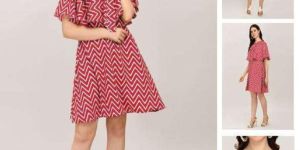 Ladies Red & White Zig-Zag Flared Dress