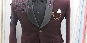 Mens Handcrafted Maroon and Black Floral Embroidery Blazer
