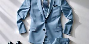 Mens Sky Blue Luxury Three Piece Wedding Suit