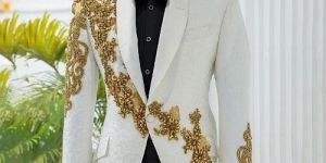Mens White and Golden Bespoke Embroidered Blazer