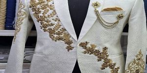 White and Golden Luxury Handcrafted Embroidered Wedding Blazer
