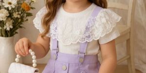 Girl Short Sleeve Lace Ribbed Top Skirt Set