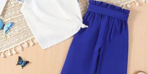 Girl Cotton White Blue Printed Top Palazzo Set