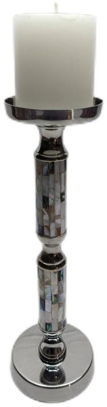 Tall Elegant Green White Mother OF Pearl Metal Pillar Candle Holder