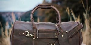 Genuine Leather Travel Duffle Bag with Shoulder Strap