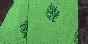 Green Hand Block Printed Poly Cotton Kurta Fabric