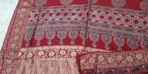 Maroon Red Hand Printed Dola Silk Saree